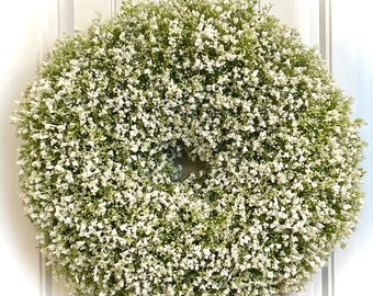 READY TO SHIP | Lush, Full White Babys Breath All Season Wreath for Front Door | Spring Floral Wreath | Elegant Neutral Wedding Decoration