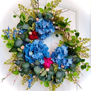 READY TO SHIP - Spring Garden Floral Wreath for Front Door, Pastel Easter Wreath, Blue and Deep Pink Hydrangea Wreath, Summer Garden Wreath