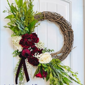 READY TO SHIP | Elegant Burgundy and Cream Floral All Season Wreath for Front Door| Burgundy and White Floral Spring Summer Winter Wreath