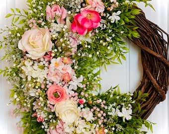 READY TO SHIP | Cottage Garden Blush Pink and White Floral Wreath for Front Door | Soft Pink and White Lilac, Dahlia, Rose Wildflower Wreath