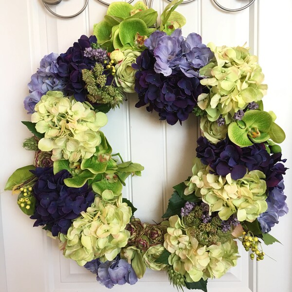 READY TO SHIP - Bright Green-Purple and Lavender Wreath-Summer Wreath-Front Door Decor-Year Round Wreath-Orchid Wreath-Hydrangea Wreath