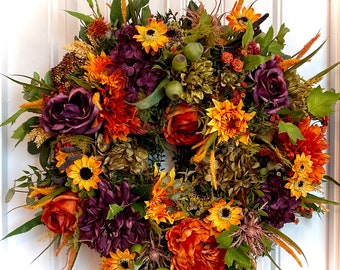 READY TO SHIP | Rich Jewel Tones Summer Floral Wreath for Front Door | Deep Purple, Burnt Orange, Goldenrod Hydrangea Peony Dahlia Wreath