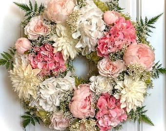 READY TO SHIP | Cottage Garden Pink and White Spring Floral Wreath for Front Door | Summer Hydrangea Wreath | Blush Cream Peony Wreath