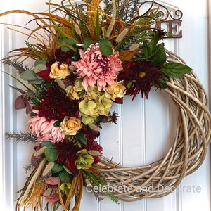 READY to SHIP | OOAK Burgundy Floral Wreath for Front Door | Vibrant Fall Hydrangea Dahlia Rose Wreath | Pink Summer xl Statement Wreath