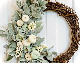 READY TO SHIP | White Pumpkins with Lambs Ear Farmhouse Wreath for Front Door | Fall Decor | Rustic Wreath | White Mini Pumpkin Wreath