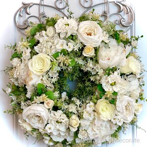 READY TO SHIP | Creamy White Cottage Garden All Season Wreath for Front Door | Summer Floral Wreath | Elegant Hydrangea Peony Rose Wreath