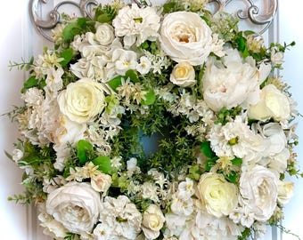 READY TO SHIP | Creamy White Cottage Garden All Season Wreath for Front Door | Summer Floral Wreath | Elegant Hydrangea Peony Rose Wreath