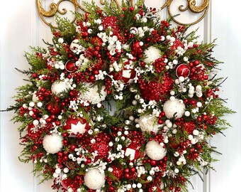 Red and White Christmas Ornament Wreath | Holiday Front Door Decor