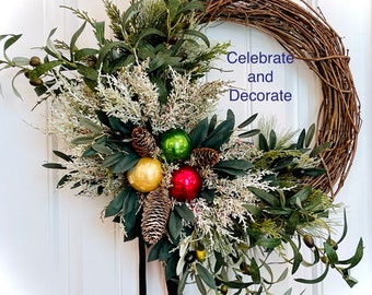 READY TO SHIP -  Christmas Ornament Wreath for Front Door - Holiday Greenery Decor - Olive Leaf Wreath - Red Green Gold Ornament Wreath