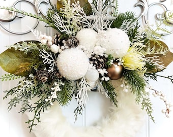 Elegant Faux Fur White Christmas Ornament Wreath for Front Door Ready to Ship Winter Evergreen Pine Cone Wreath Holiday Soft Ethereal Wreath