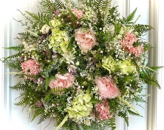 READY TO SHIP | Cottage Garden Blush Pink Green White Spring Floral Wreath for Front Door | Summer xl Hydrangea Peony Poppy Fern Wreath