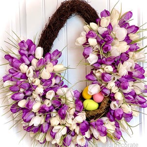 READY TO SHIP |  Easter Egg Shaped Wreath for Front Door | Purple Lavender White Tulip Wreath | Easter Gift | Easter Party Decor