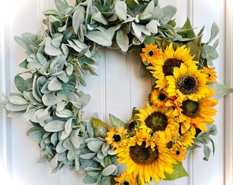 READY to SHIP - Stunning Spring Summer Yellow Sunflower and Lambs Ear Farmhouse Wreath for Front Door