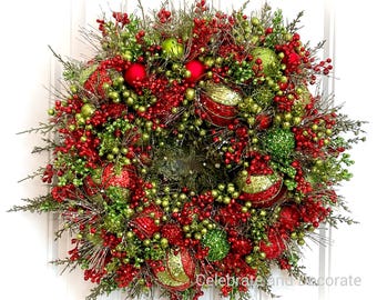 Red and Green Christmas Ornament Wreath | Holiday Front Door Decor