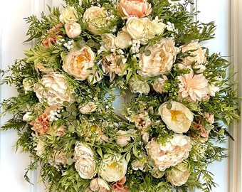 READY TO SHIP | Elegant All Season Neutral Floral Wreath for Front Door | Beige Summer Wreath | Ivory Baby’s Breath Peony Rose Dahlia Wreath