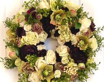 READY TO SHIP | Green and Purple Hydrangea Wreath for Front Door | Spring Floral Wreath | Vibrant Summer Peony Ranunculus and Roses Decor