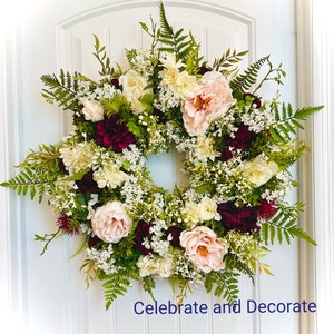Burgundy Peony Wreath, Cream Cottage Garden Decor (30 inch)