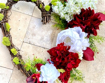 READY TO SHIP -  Red and White Floral Valentine’s Day Heart Wreath for Front Door, Mother’s Day Gift, Romantic Red and White Dahlia Wreath