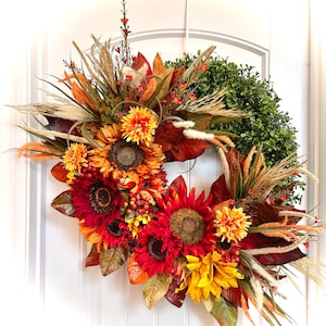 READY TO SHIP - Vibrant Summer Sunflower on Boxwood Wreath for Front Door, Colorful Floral Everyday Wreath, Red Rust Orange Yellow Wreath