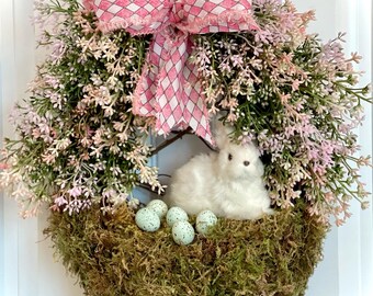 READY TO SHIP | Pink Easter Bunny and Egg Berry Door Basket | Pastel Spring Door Wreath | Moss Easter Egg Floral Front Door Decor