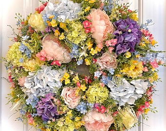 READY TO SHIP | Pastel Floral Cottage Garden Wreath for Front Door | Pink Blue Yellow Lavender Hydrangea Peony Rose Spring Summer Wreath