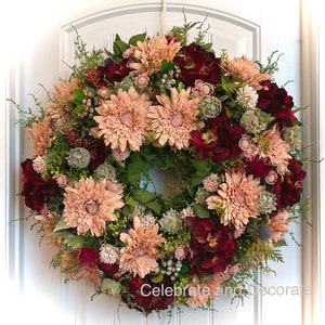 READY to SHIP | OOAK Antique Pink Sunflower and Burgundy Hydrangea Wreath for Front Door | Summer Fall Floral Wreath | Door Decor