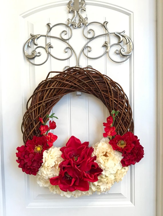 Ready To Ship Gorgeous Deep Red And Cream Silk Floral Wreath For Front Door Valentine S Day Decor Decoration All Season Wreath