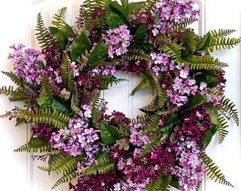 READY to SHIP | Spring Lilac Wreath for Front Door | Purple and Lavender Summer Floral Wreath | Fern Door Decor