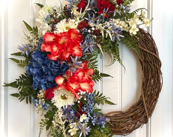 READY to SHIP - Deep Red, White and Blue Patriotic Floral Wreath for Front Door | 4th of July Decor | Americana Summer Hydrangea Rose Wreath