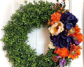 READY TO SHIP - Colorful Spring and Summer Floral Boxwood Wreath for Front Door, Vibrant Purple and Orange Hydrangea Rose Ranunculus Wreath