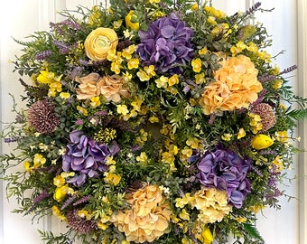 READY to SHIP | Blue-Purple and Yellow Cottage Garden Summer Wreath for Front Door |Lavender Hydrangea Wildflower Summer Wreath Floral Decor