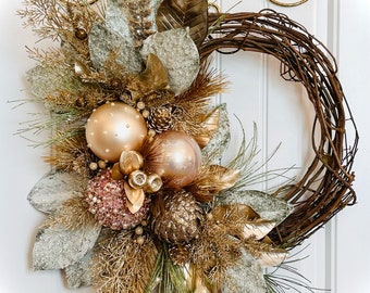 Elegant Christmas Pink Ornament Wreath for Front Door READY TO SHIP Frosted Magnolia Leaves, Rose Gold Ferns Berries Winter Holiday Decor