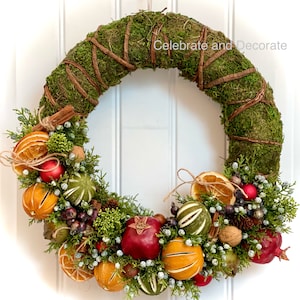 READY TO SHIP | Small Christmas Dried Fruit, Berries and Cinnamon Wreath for Front Door | Classic British Holiday Pomegranate Wreath
