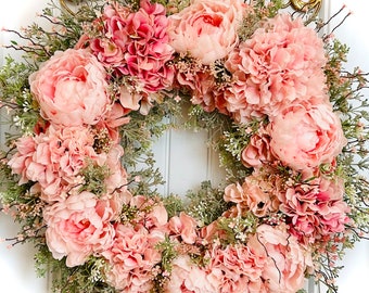 READY TO SHIP | xl Cottage Garden Pink Peony and Hydrangea Floral Wreath for Front Door | Wedding Decor | Little Baby Girl Room Decor