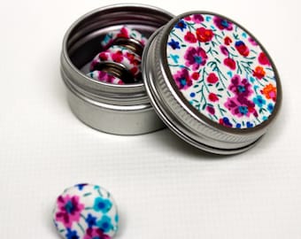 Six super strong mini magnets presented in a mini metal tin finished with Liberty fabric