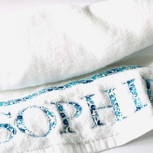 Liberty personalised towel Liberty of London print lettered white Egyptian bath towel image 1