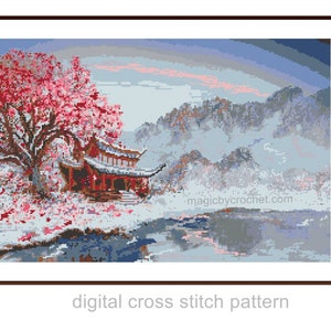 Only 21 colors, Japanese Landscape, Cross Stitch, Chart, Pattern, PDF instant download, No.507