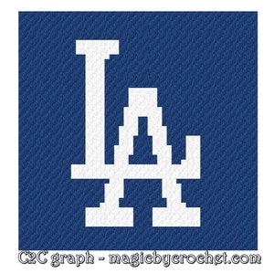May include: A C2C graph pattern for crocheting the LA Dodgers logo. The logo is white on a blue background.