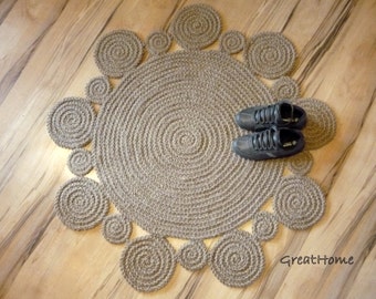 Crochet Jute Rug, Circles Rug, Jute Rug, Handmade, Round Jute Rug, 40 inches (100cm ), no.006