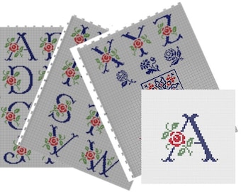 Antique Alphabet -Cross Stitch -Pattern-Upper letters-Rose Alphabet, No.014