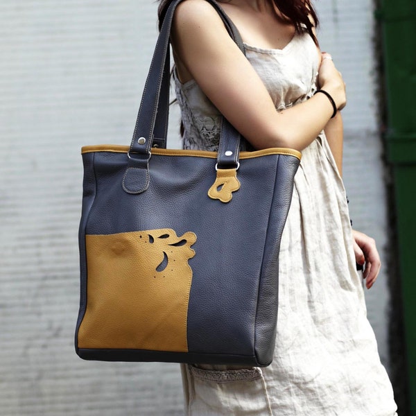 Gray / yellow leather tote bag. Large leather handbag.