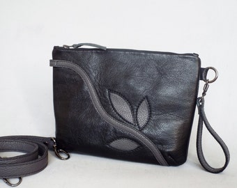 Leather crossbody bag, Black crossbody purse, Apllique leather clutch.