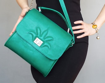 Embossed Green Leather Crossbody Bag, Saddle Purse