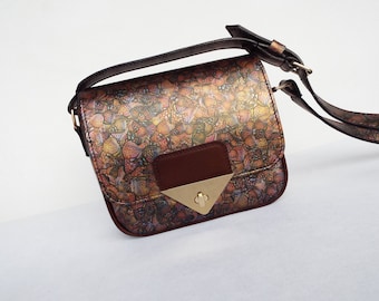 Leather crossbody bag brown. Small leather saddle bag. Colorful leather shoulder purse.