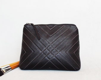 Black leather cosmetic bag, Leather toiletry case, Quilted makeup pouch, Travel leather case.