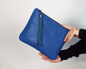 Blue Leather Clutch Bag, Quilted Evening Purse with Tassel