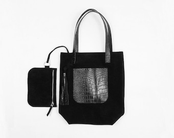 Black suede tote bag.  Black shoulder shopper bag. Suede large handbag. Natural suede large tote.