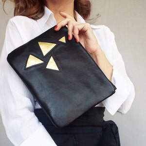 Black leather clutch. Applique black gold clutch bag. Black leather evening clutch. image 1