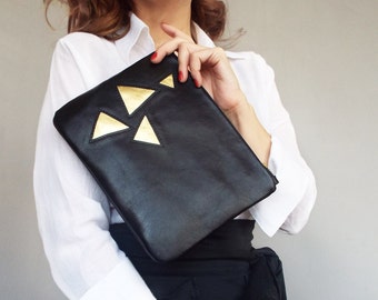 Black leather clutch. Applique black gold clutch bag. Black leather evening clutch.