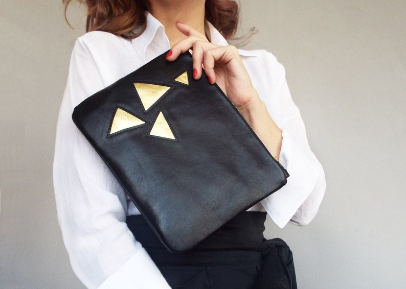 Black leather clutch. Applique black gold clutch bag. Black leather evening clutch. image 1